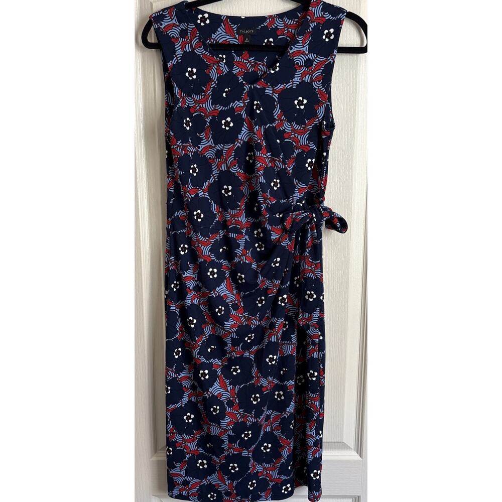 Talbots Floral Short Sleeve Dress with Tie Blue and Red Size Medium